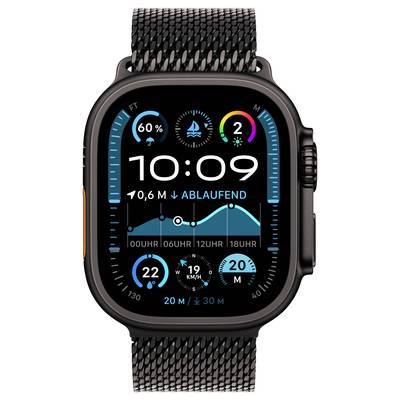 Digitale Armbanduhr mit einem Zifferblatt, das Gesundheitsdaten wie Herzfrequenz, Schritte und Höhenmeter anzeigt.