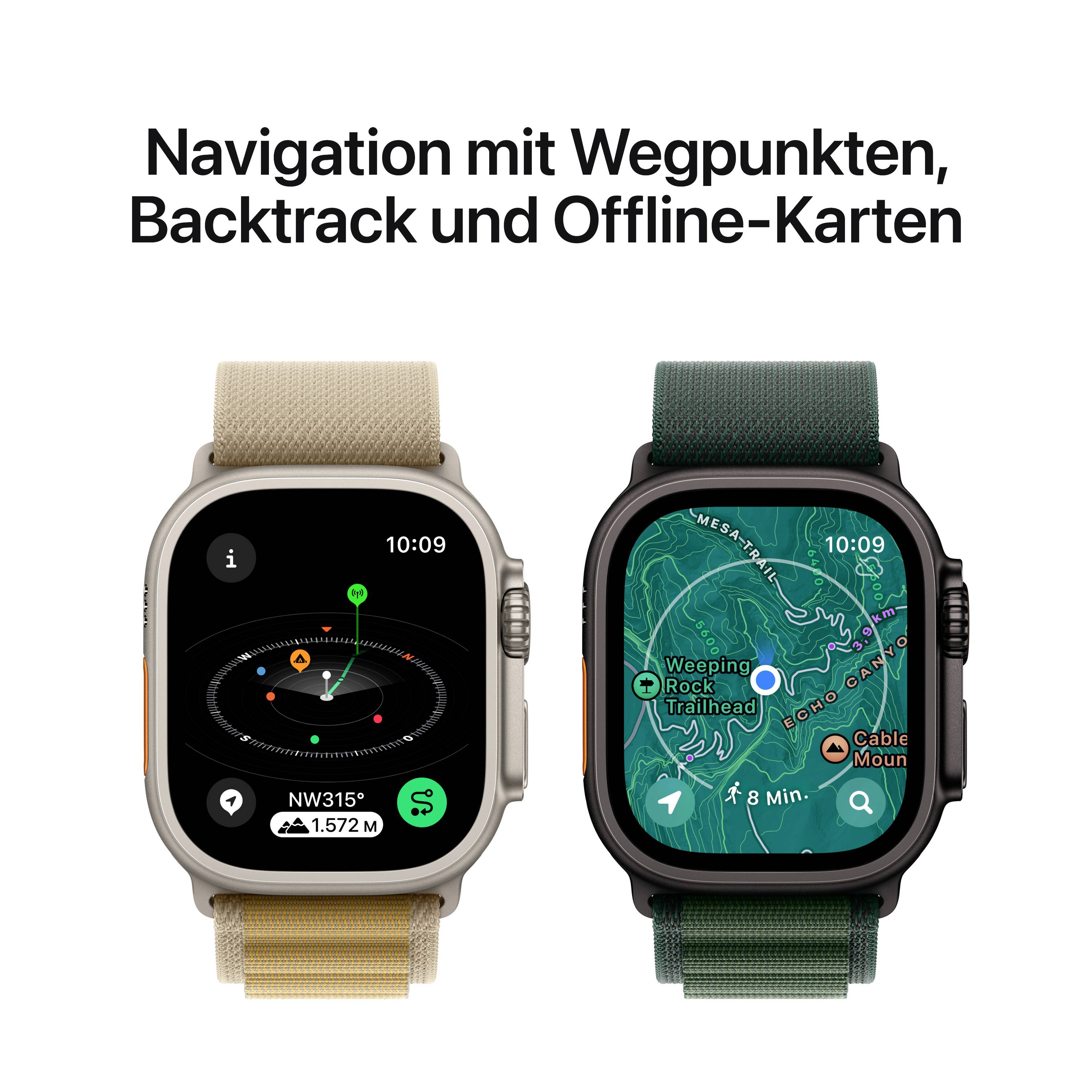 Zwei Smartwatches mit Navigationsfunktionen. Links zeigt eine Kompassanzeige mit Richtungsangaben, rechts eine Kartenansicht mit Wegpunkten.