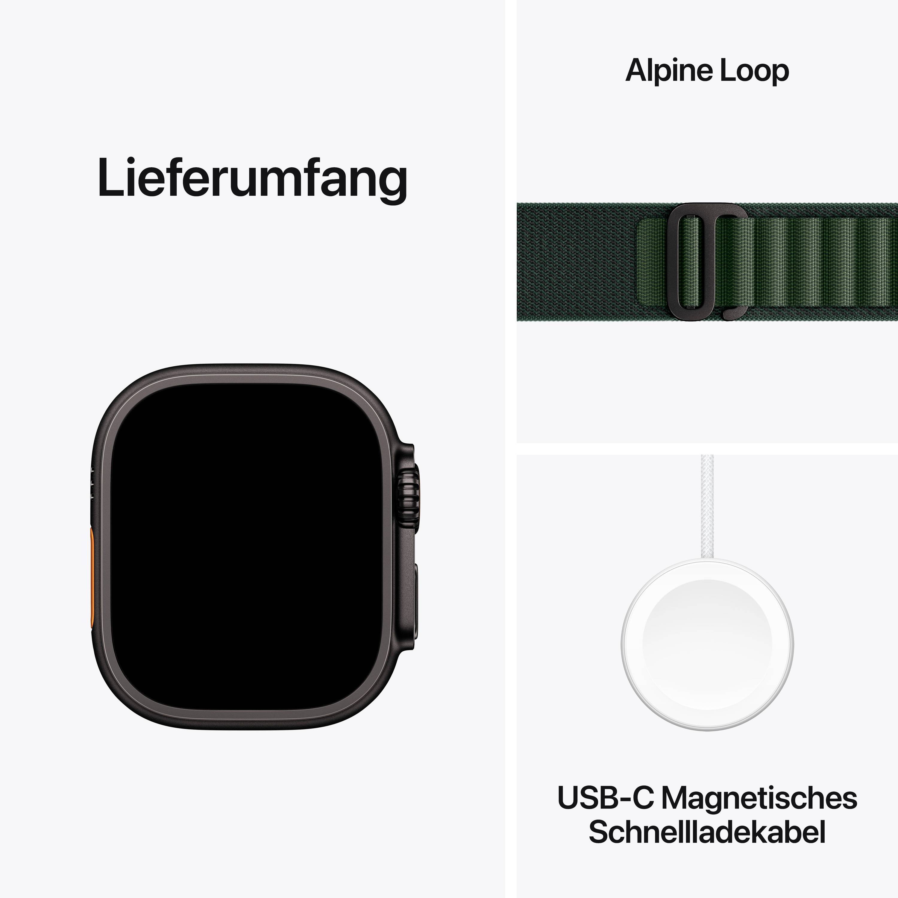 Smartwatch-Lieferumfang: Schwarze Smartwatch, grünes Alpine Loop Armband und USB-C Magnetladekabel sind abgebildet.