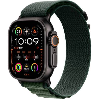 Eine Smartwatch mit einem digitalen Zifferblatt, das die Uhrzeit 10:09 anzeigt. Sie hat ein dunkelgrünes Armband und mehrere Fitness- und Wetter-Widgets.