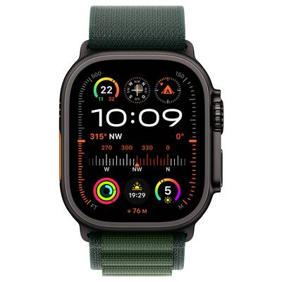 Eine Smartwatch zeigt eine digitale Kompassanzeige mit Himmelsrichtungen und eine Uhrzeit von 10:09 an. Batterieanzeige bei 50%.