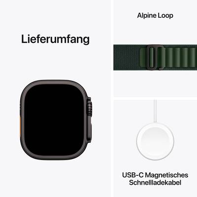 Inhalt der Box: Smartwatch mit Alpine Loop Band und USB-C Magnetkabel.
