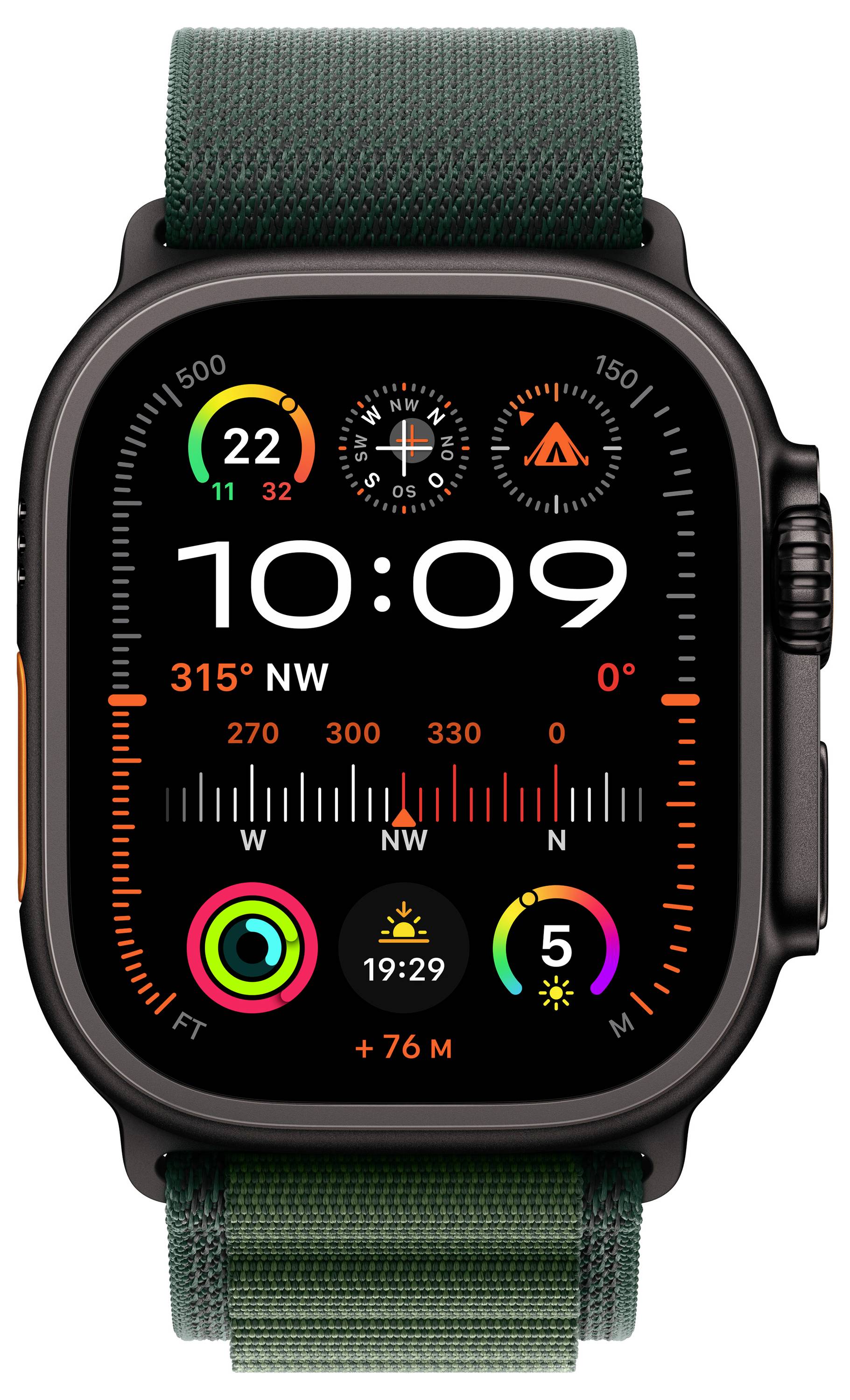 Smartwatch mit Uhrzeit 10:09, Kompassanzeige, Wetter- und Himmelsrichtungen, bunter Armbänder und schwarze Oberfläche.