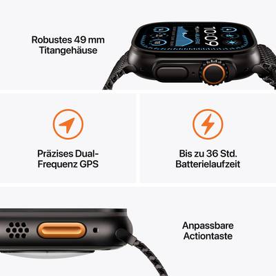 'Armbanduhr mit 49 mm Titangehäuse, robustes Design. Funktionen: Frequenz-GPS, bis zu 36 Std. Batterielaufzeit, anpassbare Taste.'