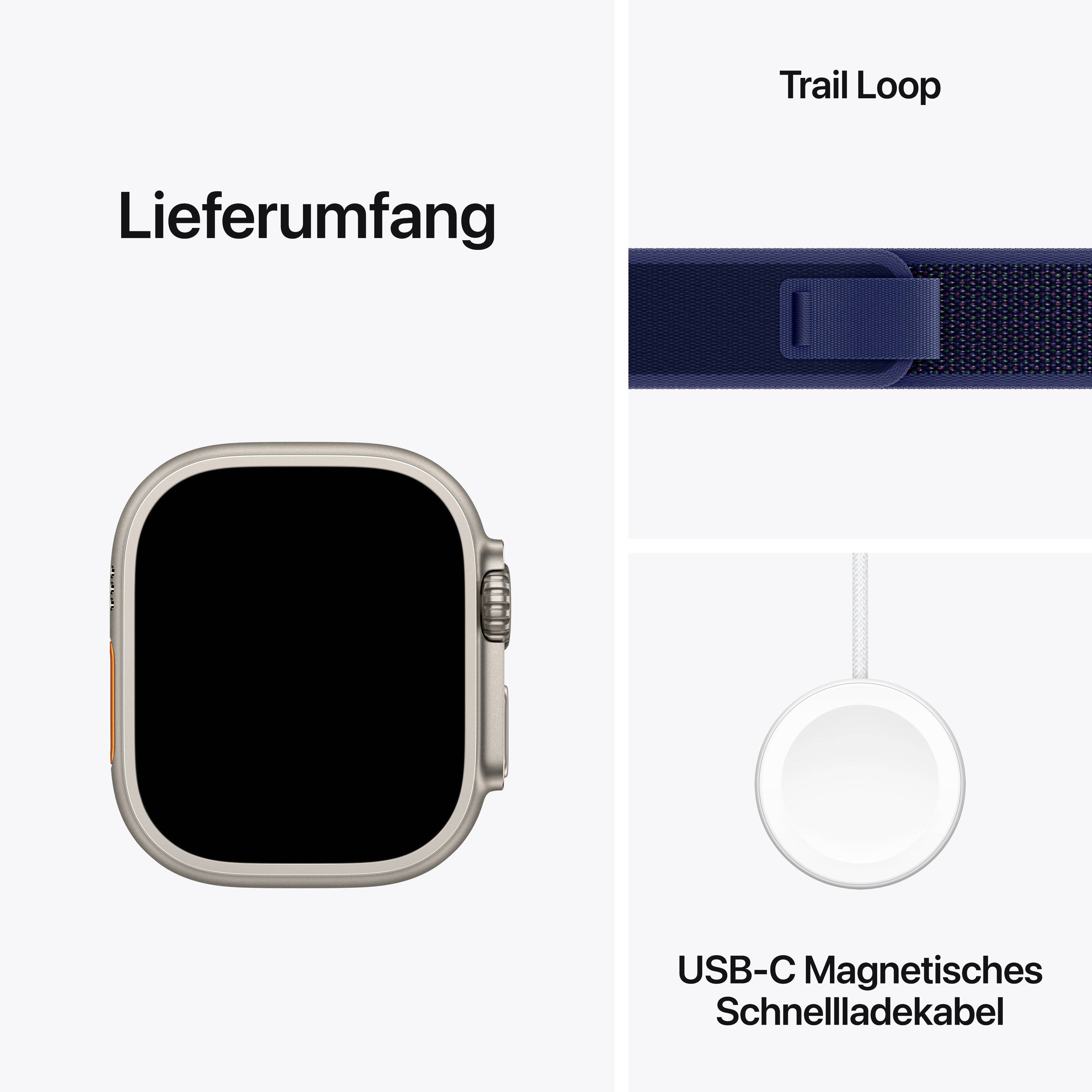 Lieferumfang: Smartwatch, Trail Loop Armband, USB-C Magnetladekabel.