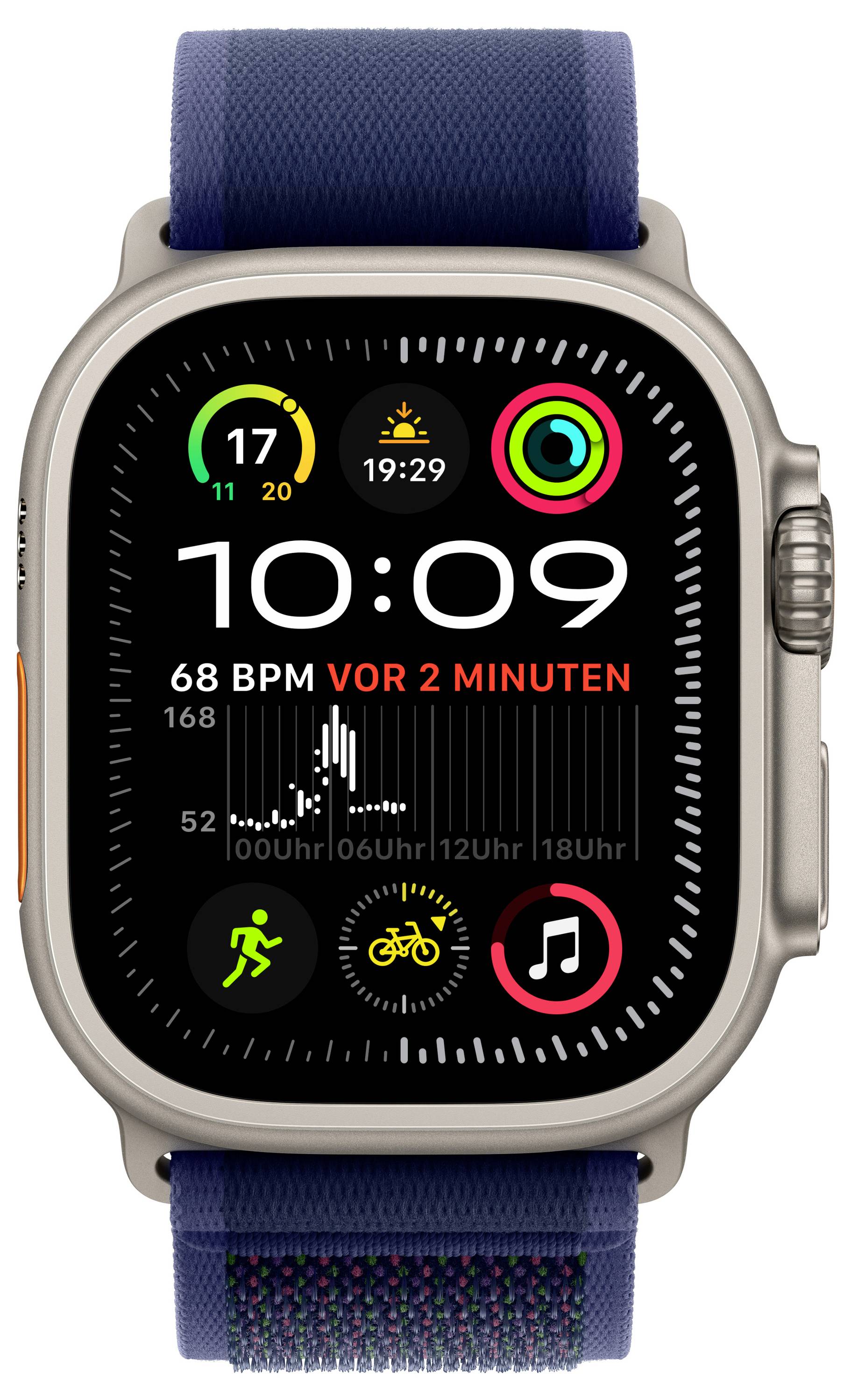 Smartwatch mit blauem Armband zeigt: Uhrzeit 10:09, Herzfrequenz 68 BPM, Aktivitätsringe für Bewegung, Sport-Icons und Wetteranzeige.