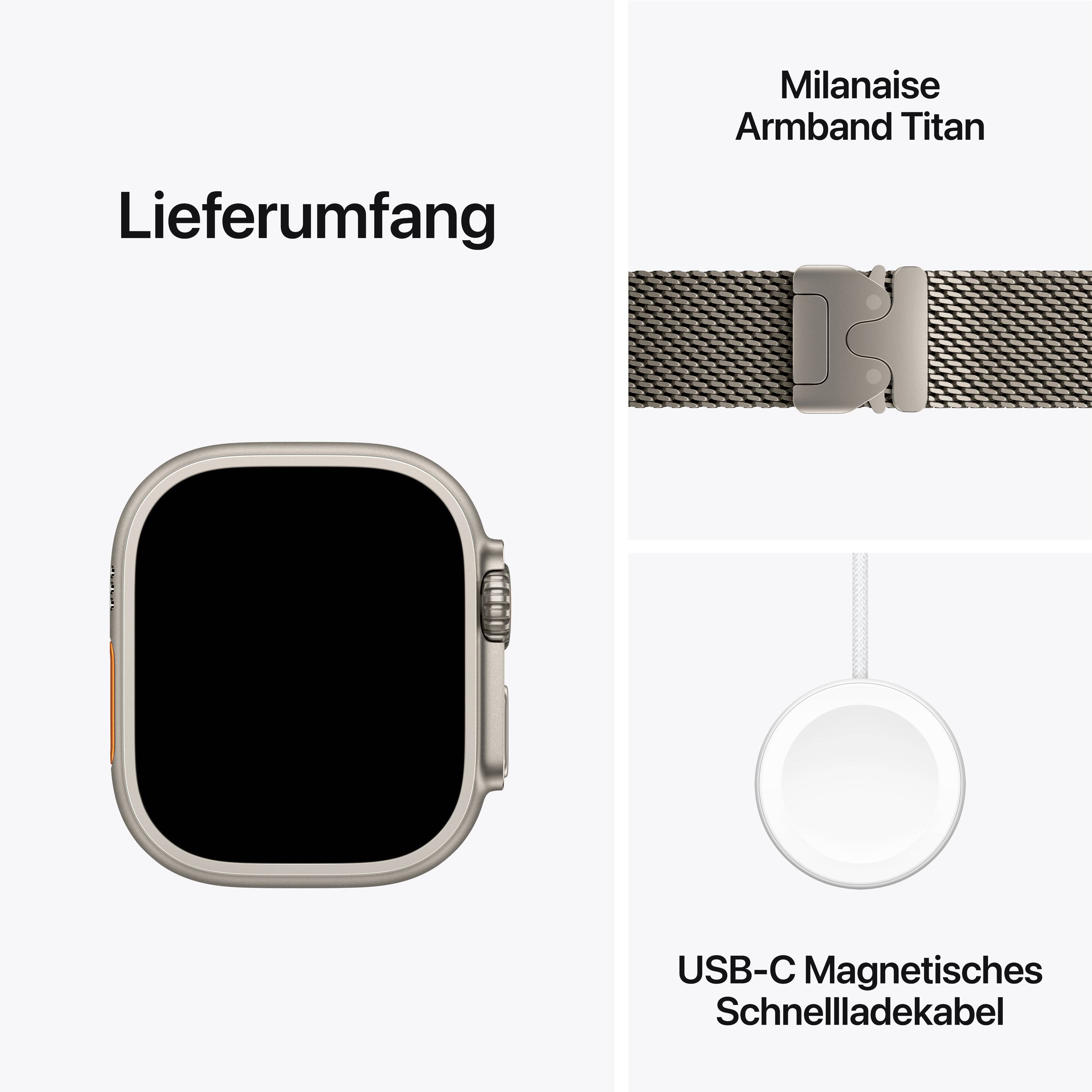 'Lieferumfang' eines Produkts. Enthält ein Milanese Armband Titan und ein USB-C magnetisches Schnellladekabel.
