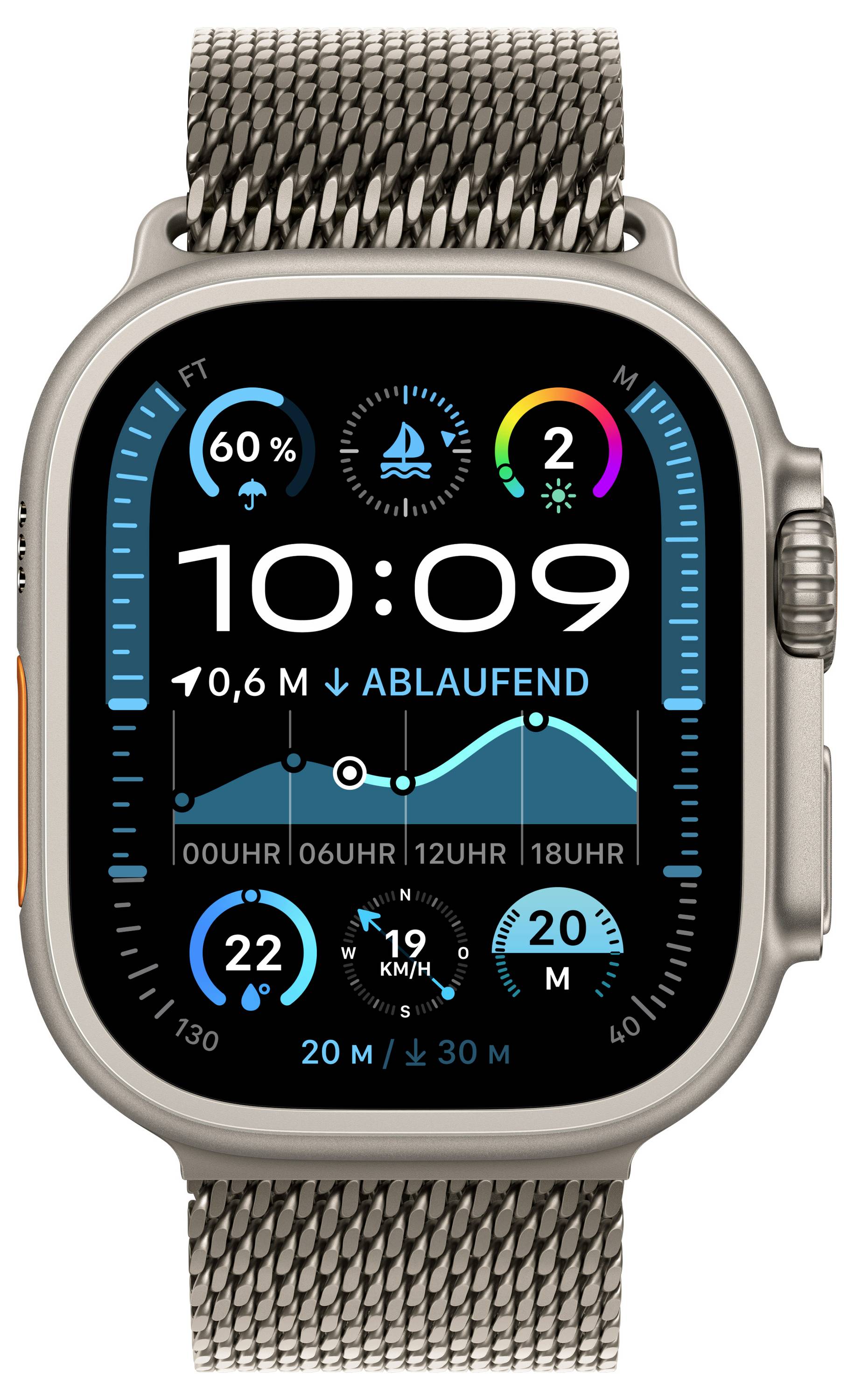 Eine intelligente Uhr zeigt eine digitale Uhrzeit von 10:09, Fitnessstatistiken wie Herzfrequenz in Prozent und Schritte, sowie eine Wetteranzeige mit einer Temperatur von 22 Grad und einer Geschwindigkeit.