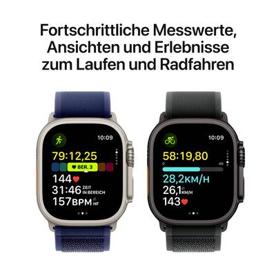 Zwei Smartwatches anzeigen Lauf- und Radfahrdaten. Links: 79% Fortschritt, 144 BPM. Rechts: 58:19 Minuten, 26,3 km/h, 11,62 km.