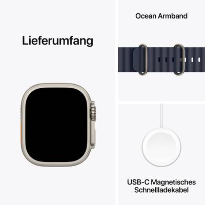Lieferumfang: Eine Smartwatch, ein blaues Armband und ein USB-C Magnetkabel sind abgebildet. Das Armband ist als Ocean Armband bezeichnet.