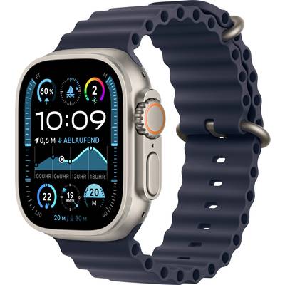 Eine Smartwatch mit blauer Displayanzeige zeigt Uhrzeit, Wetter, Höhenmeter und Schritte an. Schwarzes Band mit grauer Schnalle.