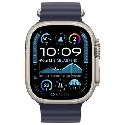 Eine Smartwatch zeigt Zeit, Sonnenstand, Temperatur, Mondphasen und Gezeitengraf. Der Bildschirm hat blaue und weiße Elemente.