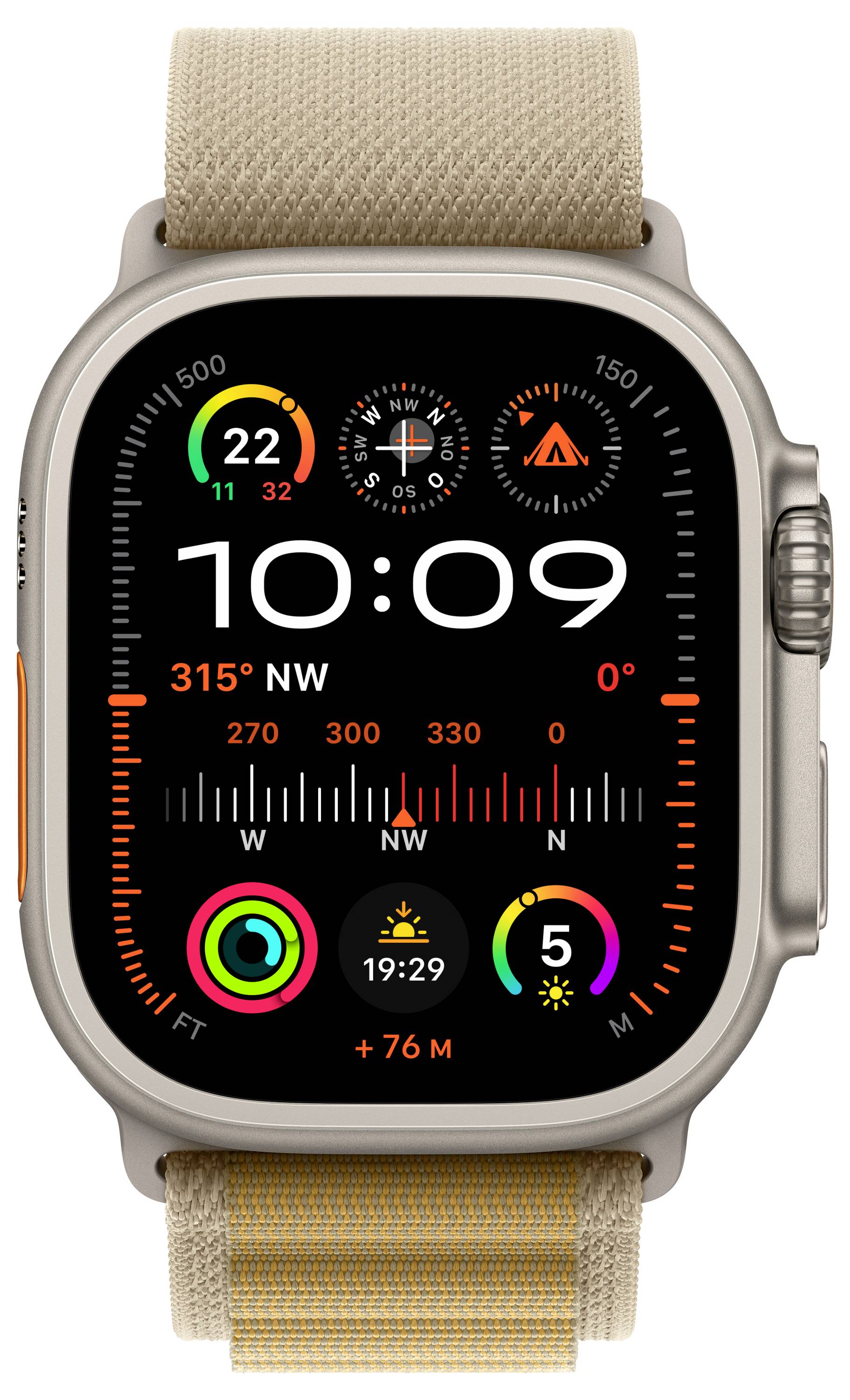 Digitale Armbanduhr mit Kompassanzeige und bunten Icons für Wetter, Aktivität und Zeit. Zeigt 10:09 Uhr und Himmelsrichtung NW.