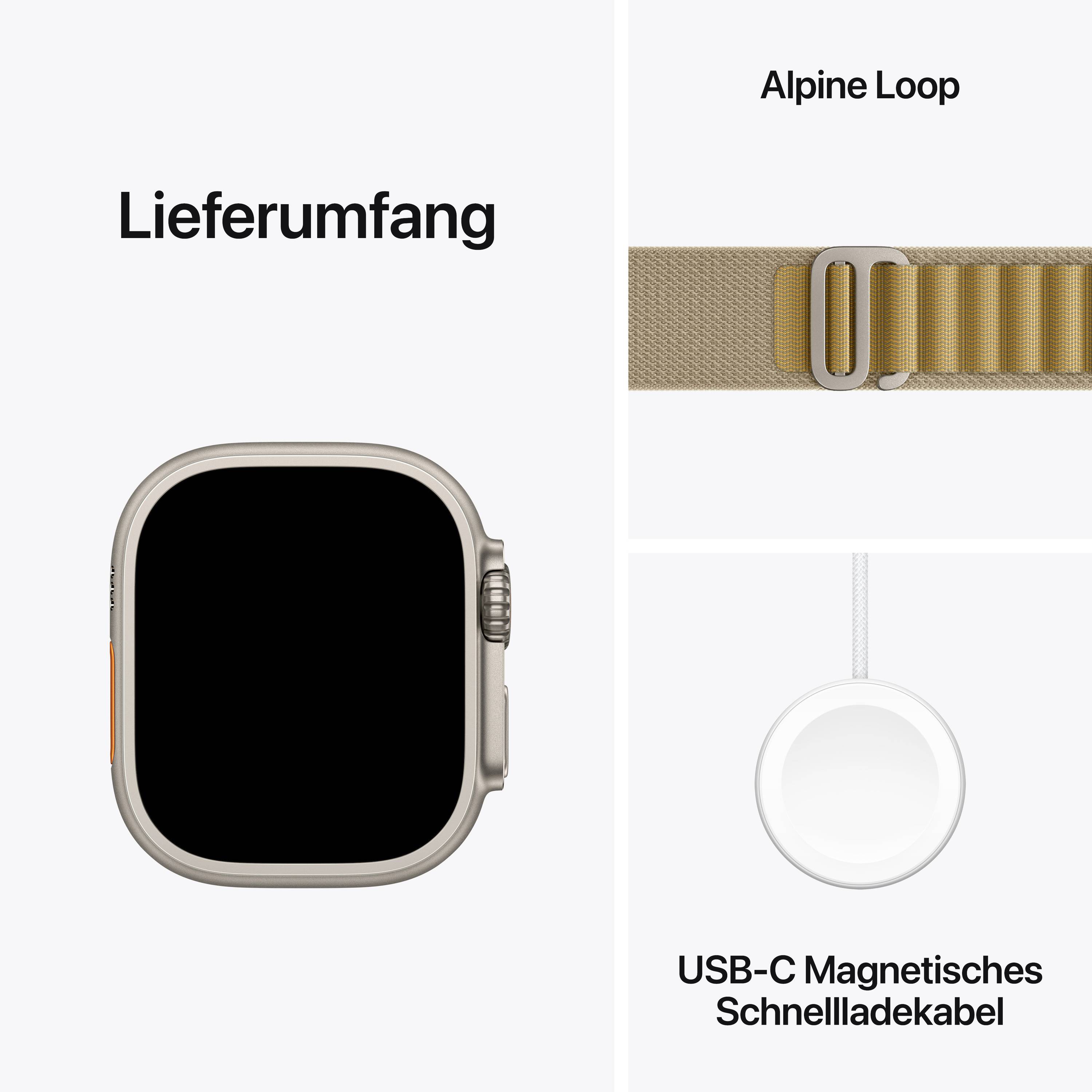 Die Abbildung zeigt den Lieferumfang: eine Smartwatch, ein Alpine Loop und ein USB-C Magnetladekabel.