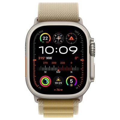 Digitale Armbanduhr mit schwarzem Display, zeigt Uhrzeit 10:09, Kompassanzeige, Wetter und Aktivitätsringe an. Armband aus Stoff.