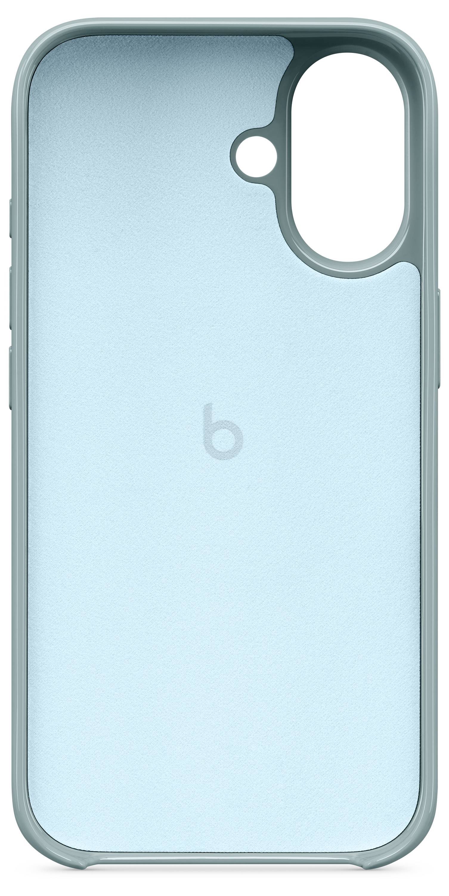 Ein hellblaues Smartphone-Case mit einem zentralen 'b'-Logo und einer Aussparung für Kamera und Blitz.