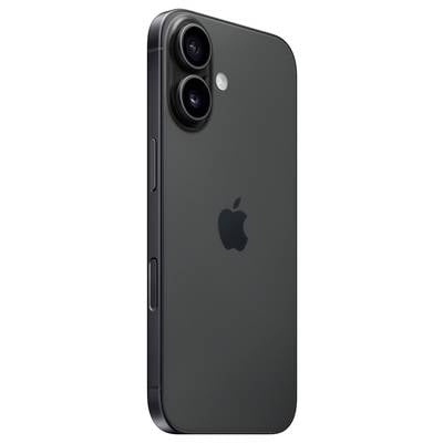 Ein schwarzes Smartphone mit zwei Kameralinsen auf der Rückseite und einem Apfel-Logo. Es hat einen schlanken, modernen Look.