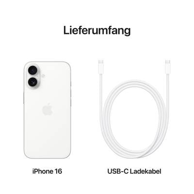 'Lieferumfang' zeigt ein iPhone 16 und ein USB-C Ladekabel.