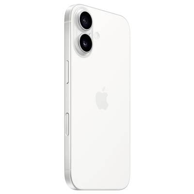 Ein weißes Smartphone mit zwei Kameralinsen und einem Apfel-Logo auf der Rückseite.