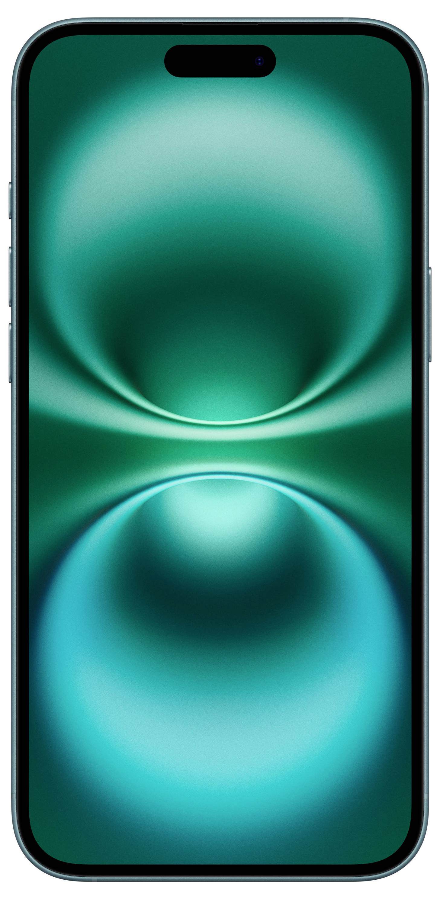 Ein modernes Smartphone mit einem leuchtenden, abstrakten grünen Hintergrund auf dem Bildschirm.
