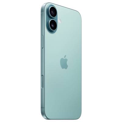 Ein modernes Smartphone in hellblau mit zwei Kameralinsen und dem Apfel-Logo auf der Rückseite.