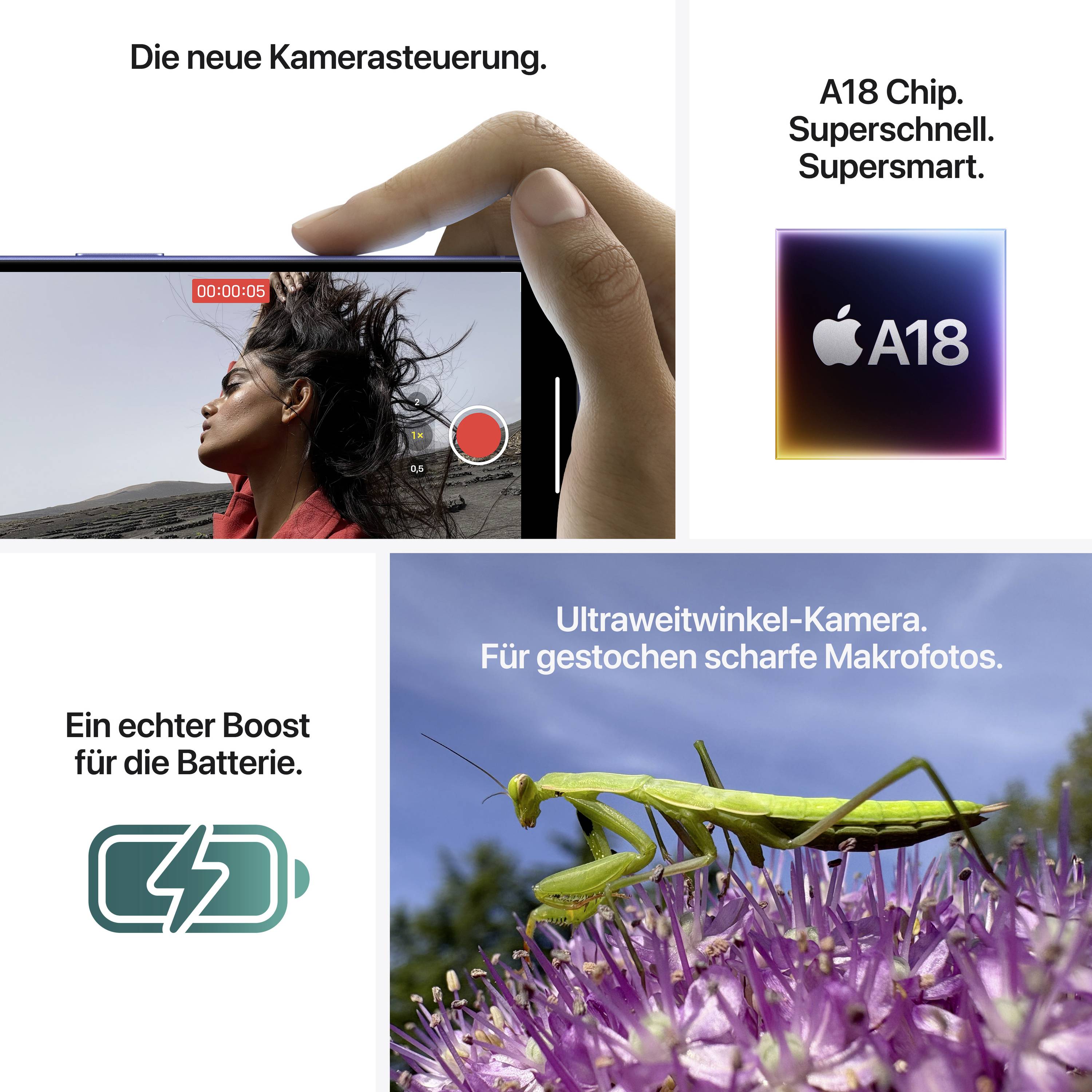 'Die neue Kamerasteuerung' zeigt eine Frau, die im Profil gefilmt wird. Text 'Für gestochen scharfe Makrofotos' über Insekt auf Blume. Weitere Infos zur A18-Chip und Batterie-Boost.