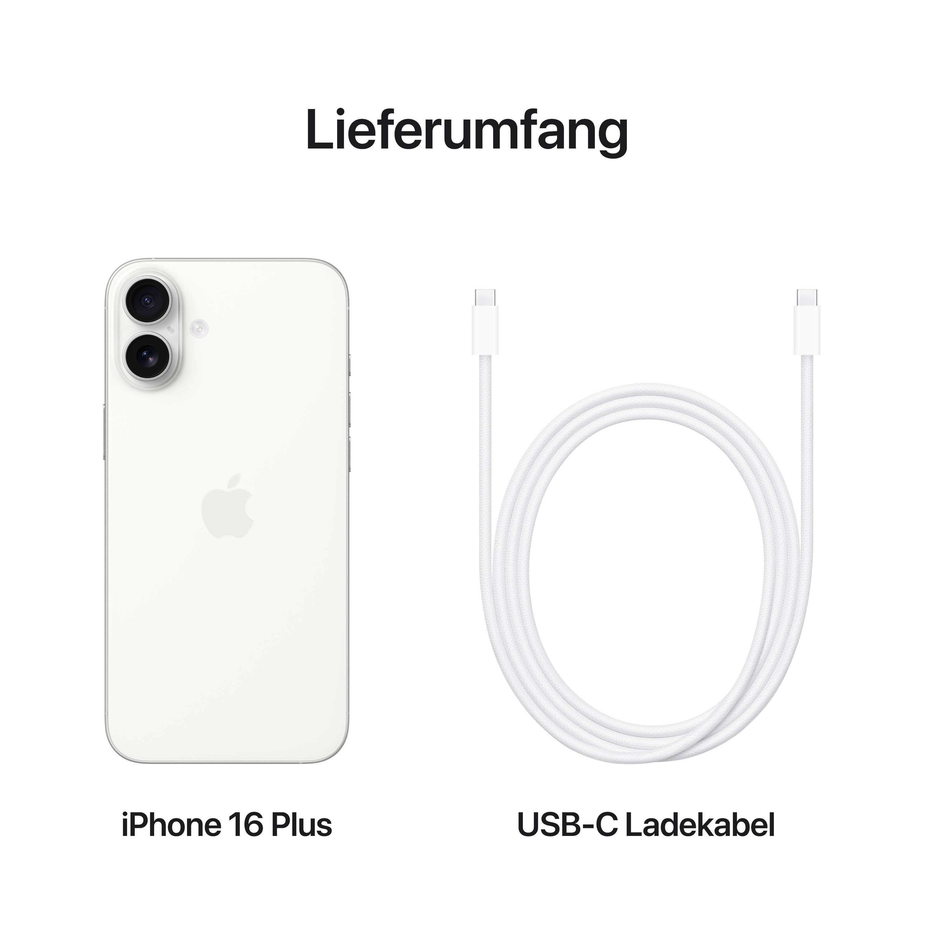 'Lieferumfang': Ein weißes Smartphone und ein USB-C Ladekabel.