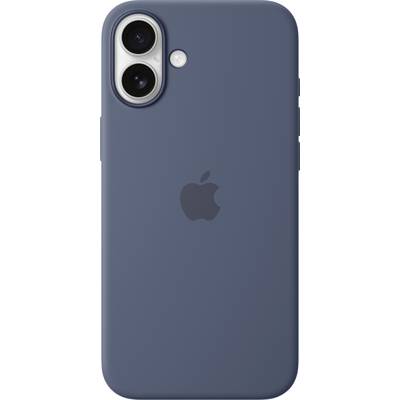 Ein modernes Smartphone mit zwei Kameralinsen und einem Blitz auf der Rückseite. Das Gehäuse ist dunkelblau und trägt ein Apfellogo.