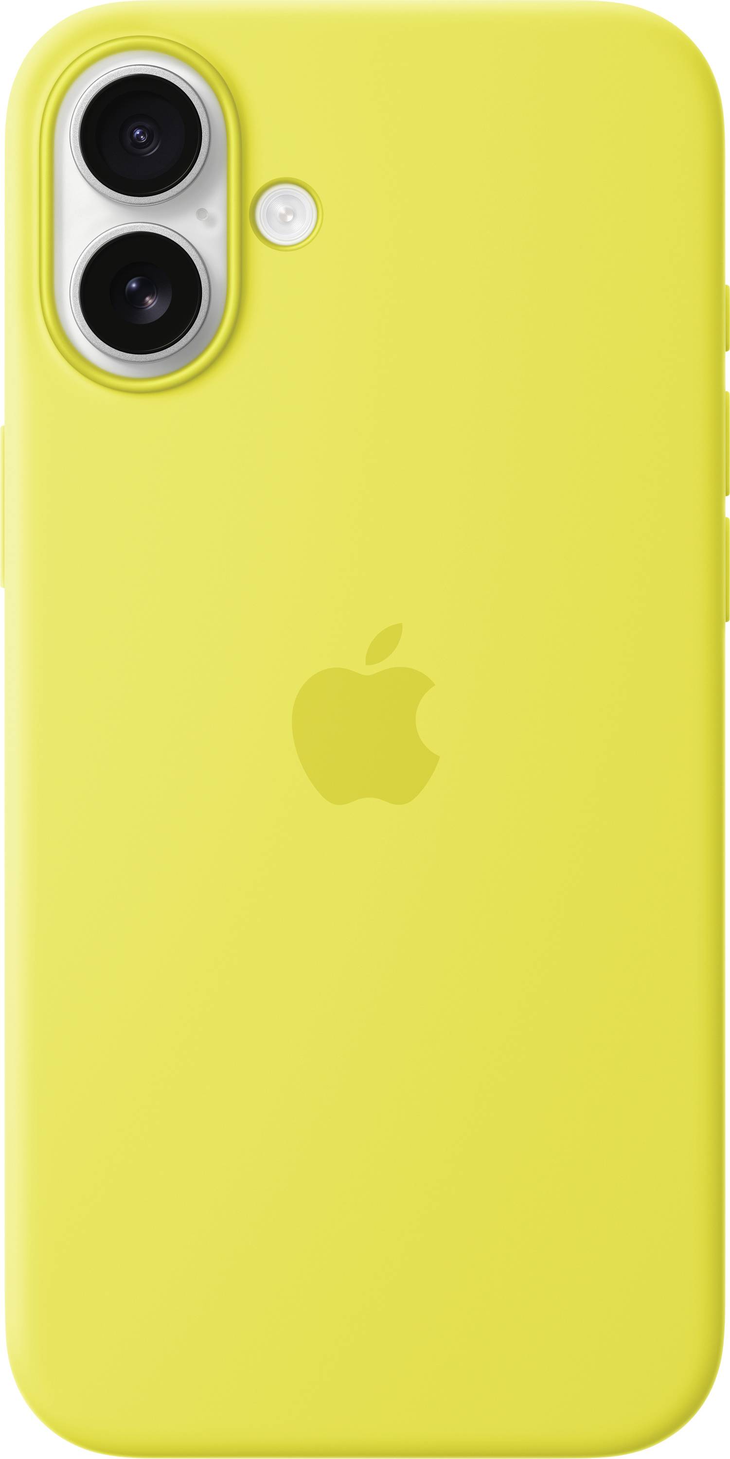Gelbes Smartphone mit Apple-Logo auf der Rückseite, hat zwei Kameralinsen und einen Blitz in der oberen linken Ecke.