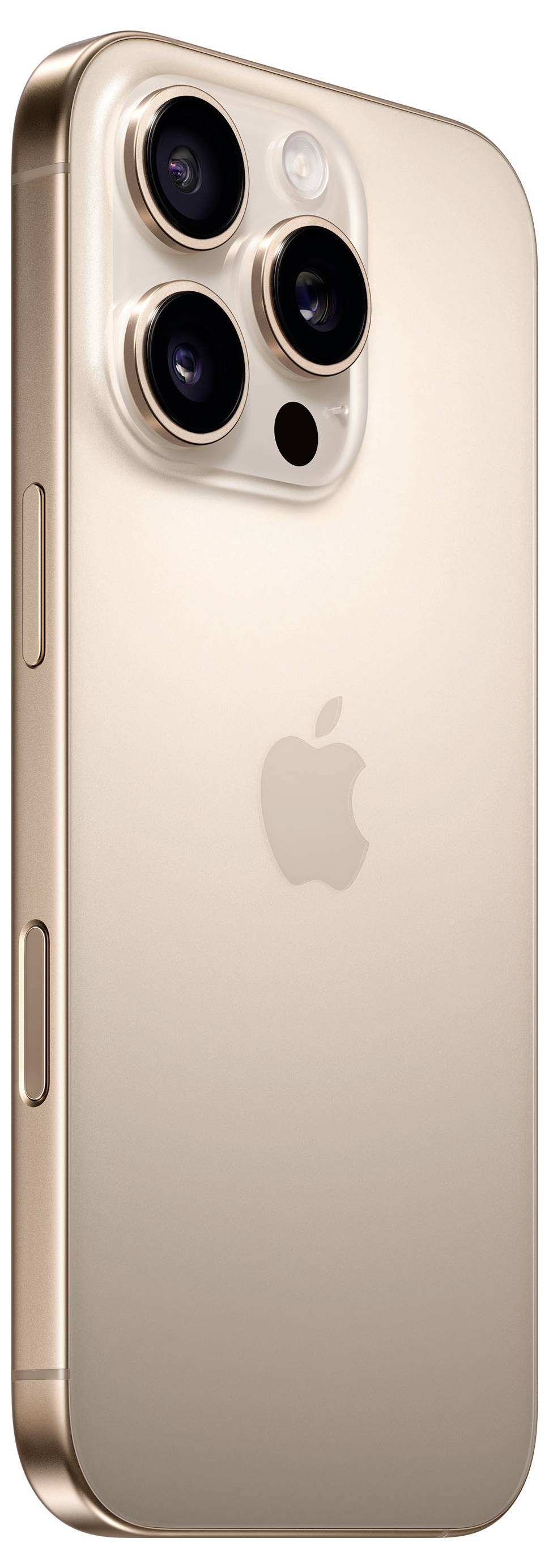 Goldfarbenes Smartphone mit vier Kameralinsen auf der Rückseite. Ein Apfel-Logo ist in der Mitte der Rückseite sichtbar.