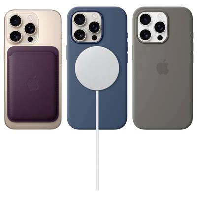 Drei Smartphones mit Hüllen; links ein lila Kartenhalter, in der Mitte ein Ladegerät, rechts eine graue Hülle mit Apple-Logo.
