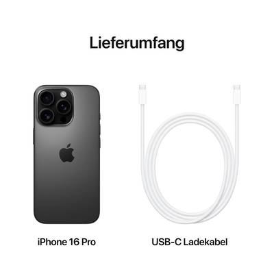 Lieferumfang eines 'iPhone 16 Pro' und eines 'USB-C-Ladekabels'.