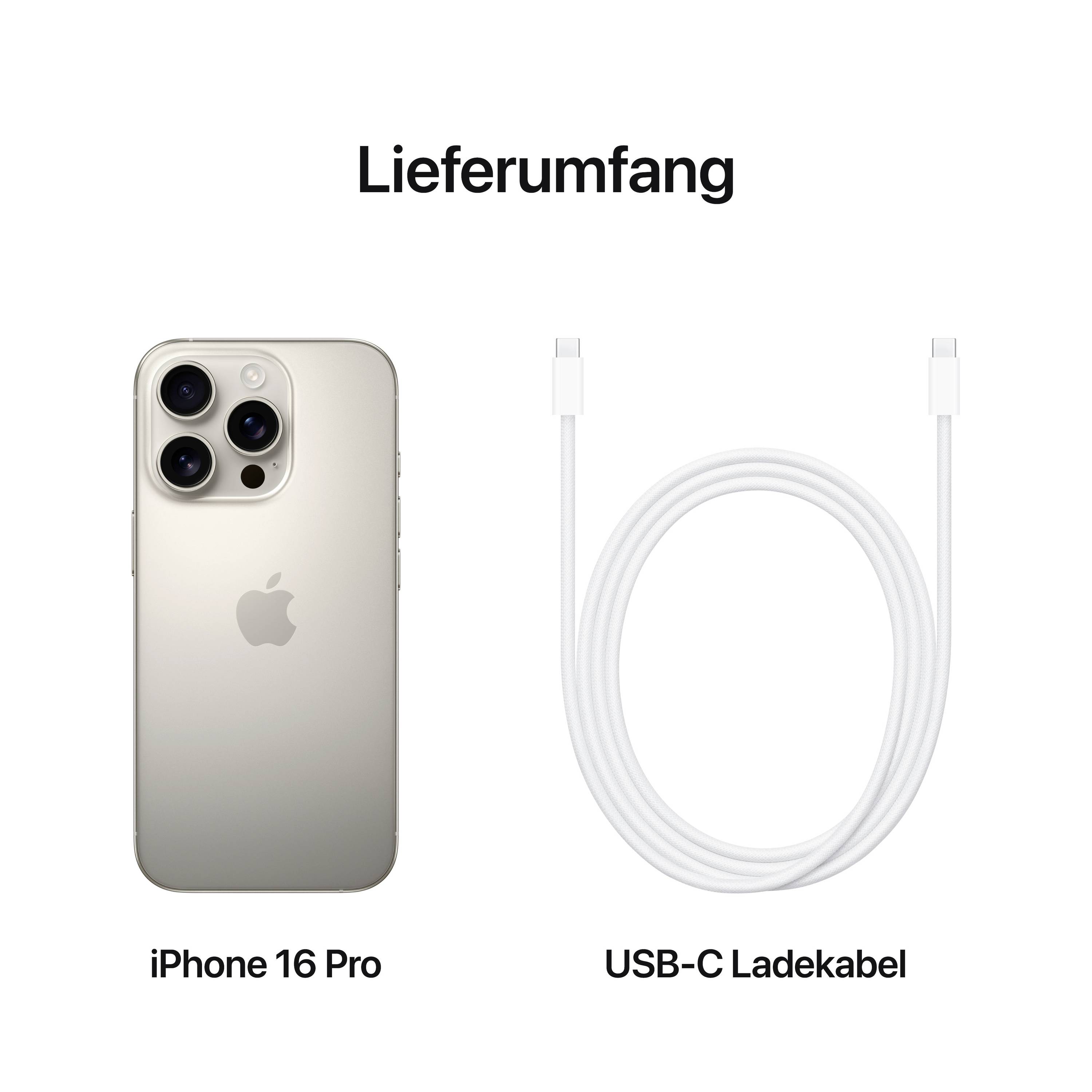 iPhone 16 Pro in Silber und USB-C Ladekabel nebeneinander, unter der Überschrift 'Lieferumfang'.