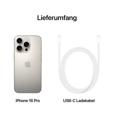 iPhone 16 Pro in Silber und USB-C Ladekabel nebeneinander, unter der Überschrift 'Lieferumfang'.