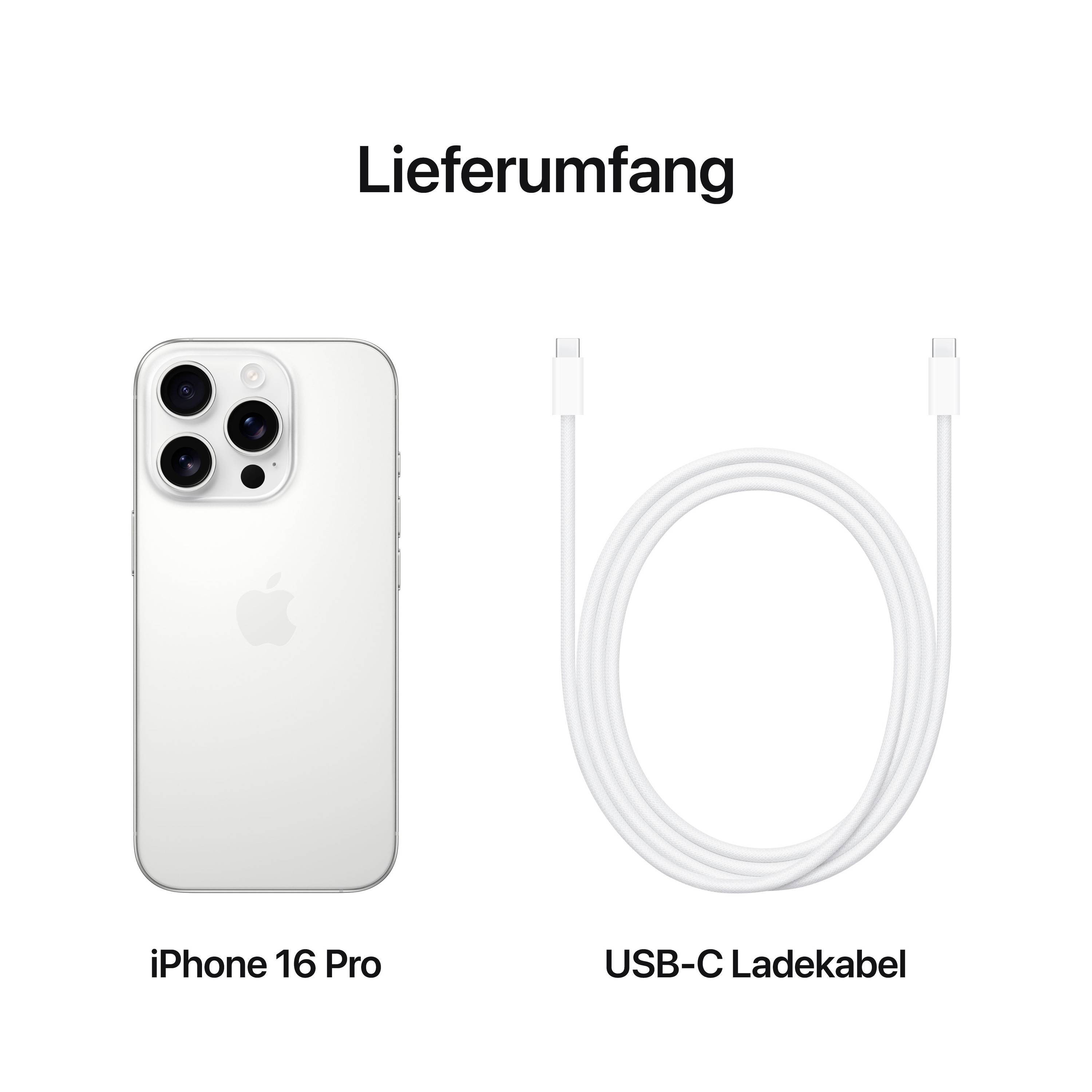 Lieferumfang: Ein iPhone 16 Pro und ein USB-C Ladekabel.