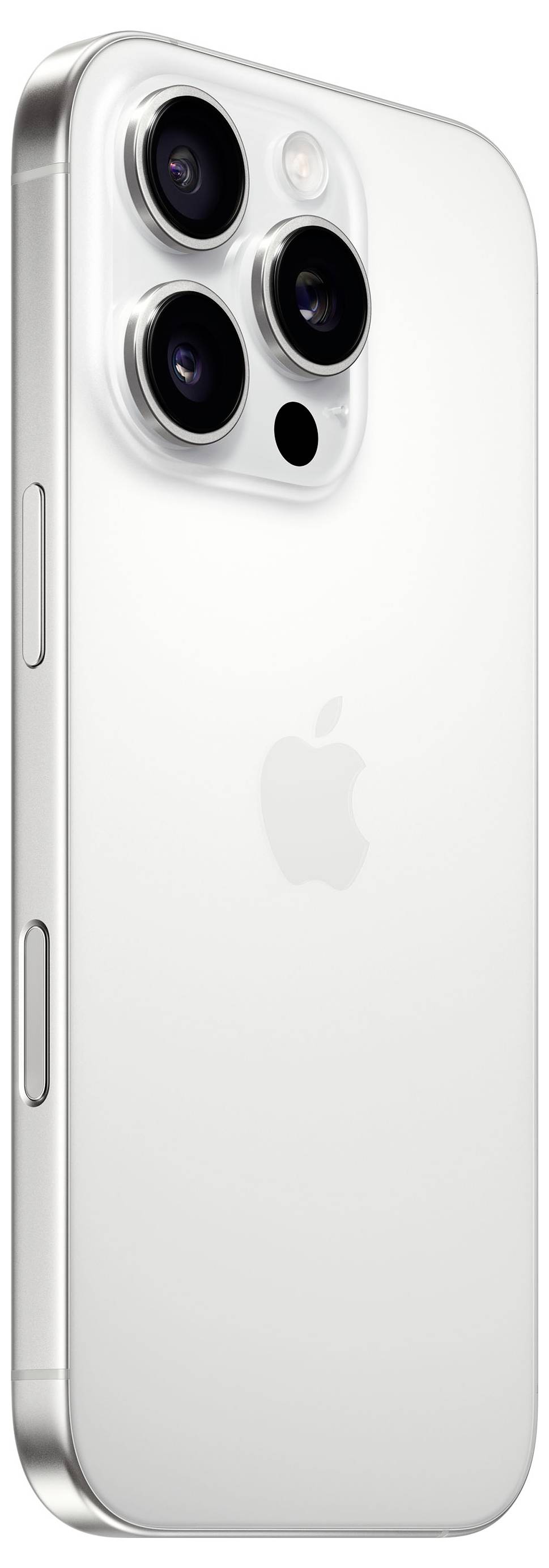 Silbernes Smartphone mit drei Kameralinsen auf der Rückseite und einem markanten Kamera-Modul.