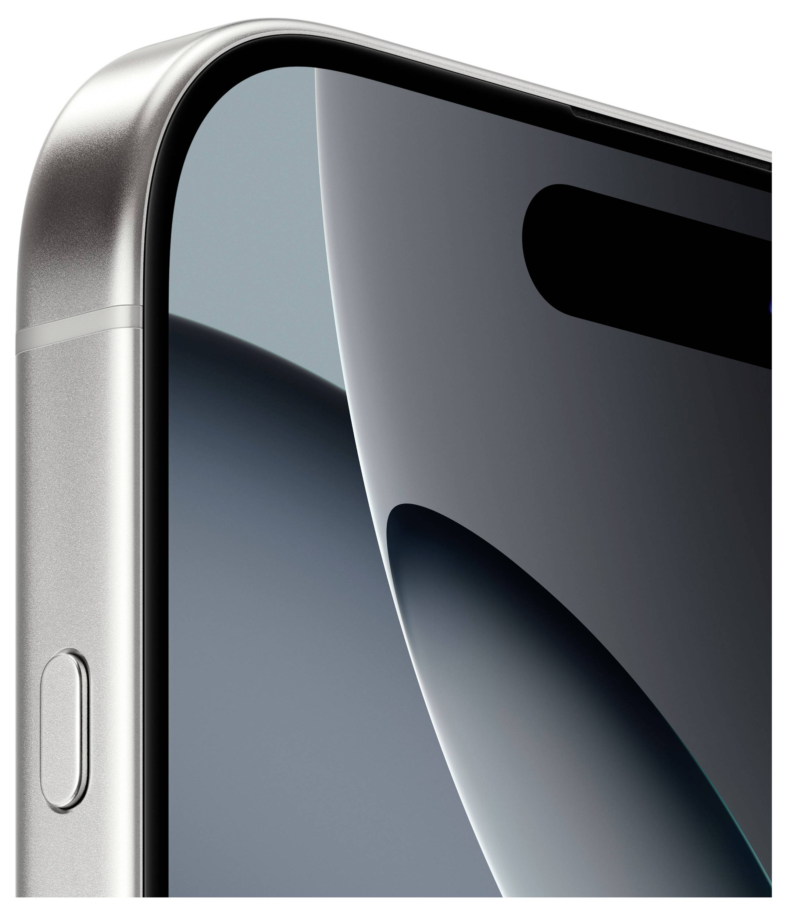 Nahaufnahme der oberen Ecke eines Smartphones mit abgerundeten Kanten und seitlichem Knopf. Ein glatter, moderner Bildschirmhälfte.