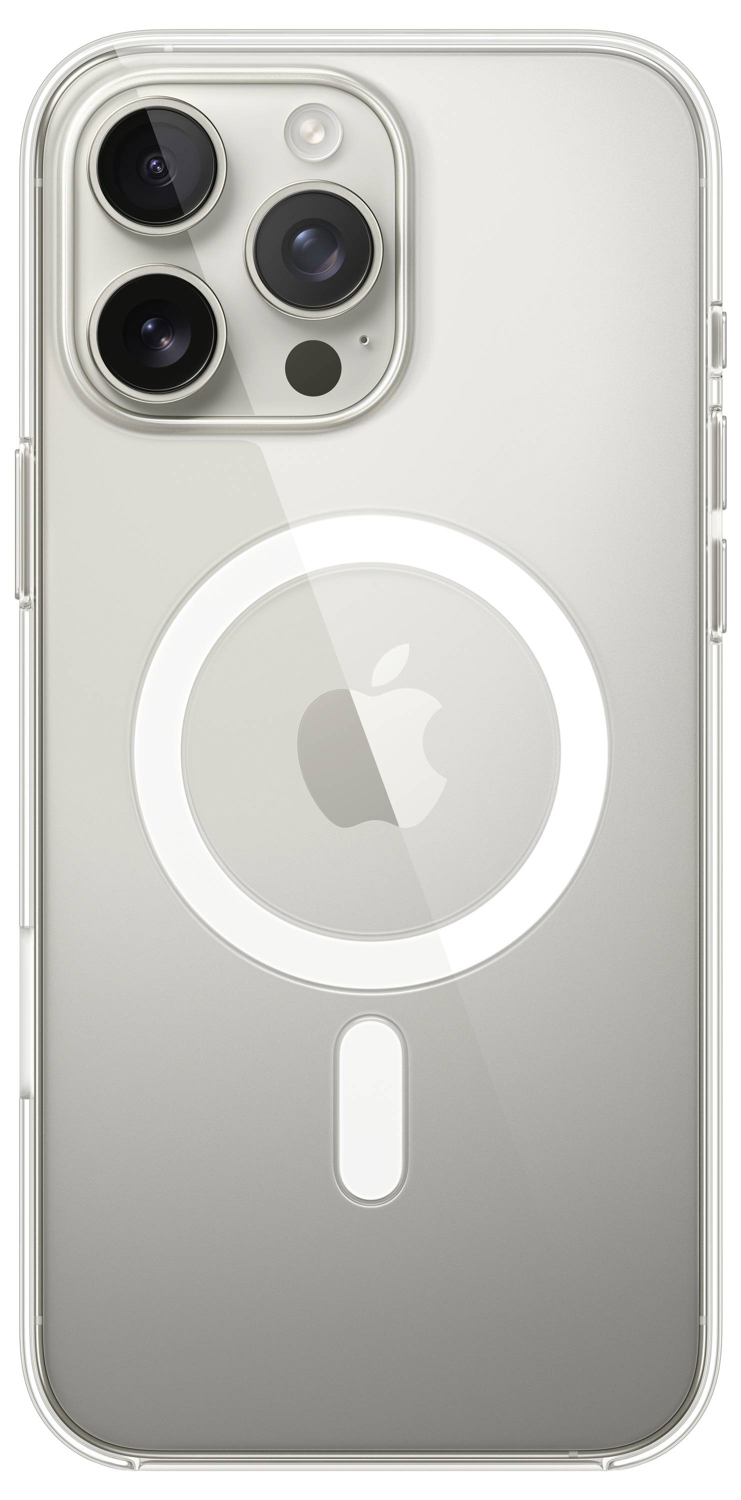 Silbernes Smartphone mit drei Kameralinsen und einem beleuchteten Kreis und Balken auf der Rückseite, Markenlogo in der Mitte.