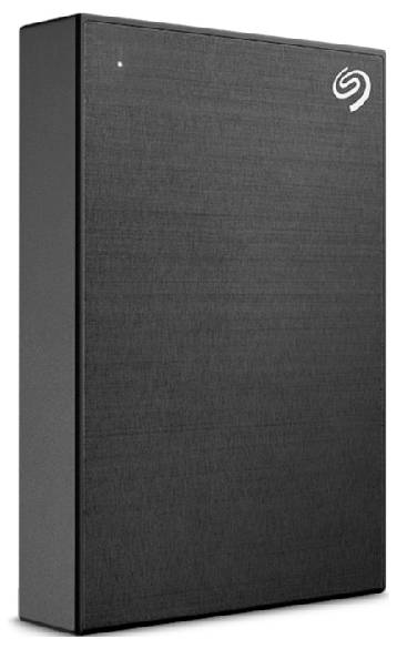 Externe Festplatte in schwarzem Gehäuse mit kleinem LED-Licht in der Ecke und Seagate-Logo oben rechts.