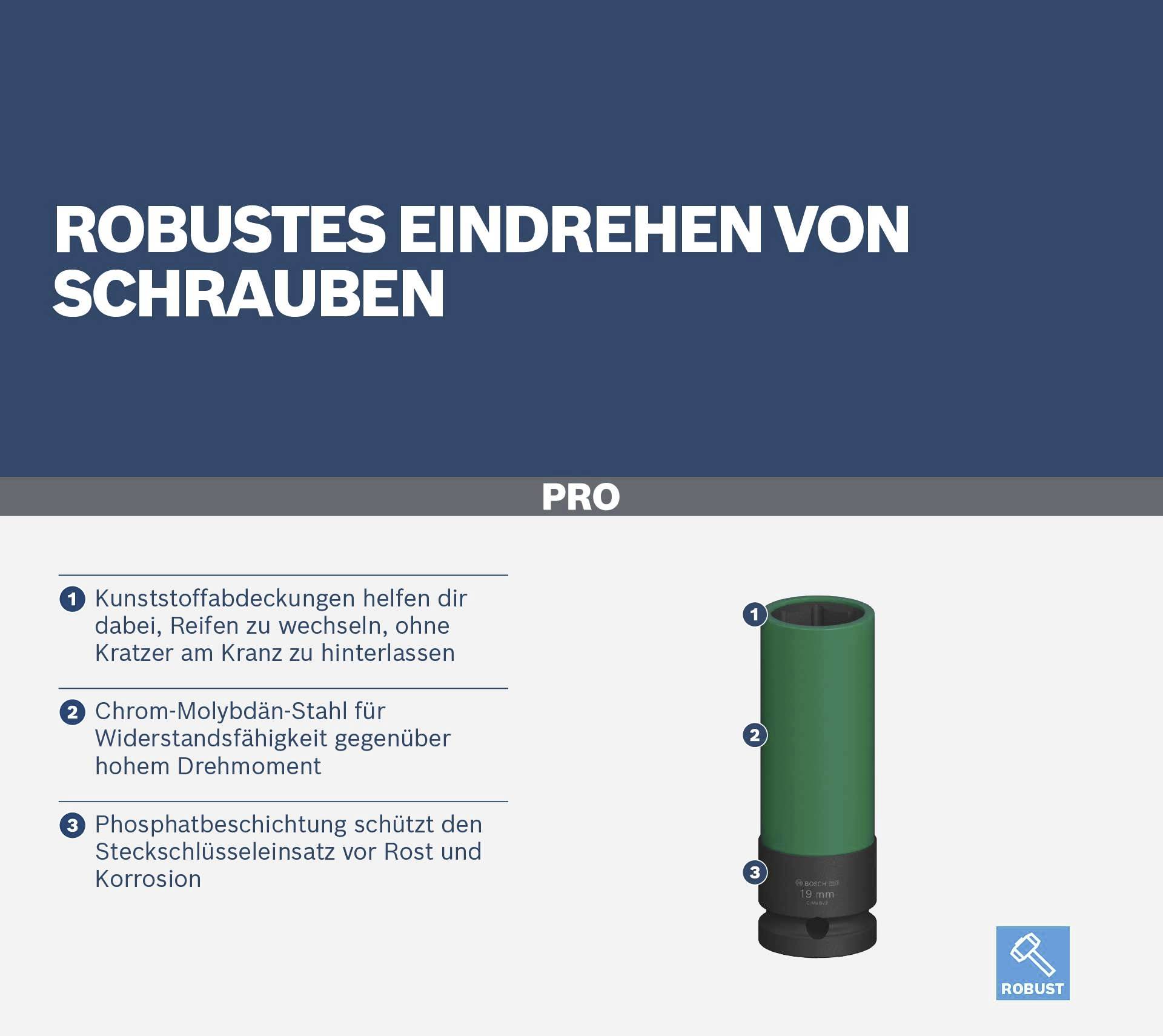 'Robustes Eindrehen von Schrauben.' PRO: 1. Kunststoffabdeckungen schützen vor Kratzern. 2. Chrom-Molybdän-Stahl bietet hohe Widerstandsfähigkeit. 3. Phosphatbeschichtung gegen Korrosion.