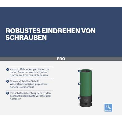 'Robustes Eindrehen von Schrauben.' PRO: 1. Kunststoffabdeckungen schützen vor Kratzern. 2. Chrom-Molybdän-Stahl bietet hohe Widerstandsfähigkeit. 3. Phosphatbeschichtung gegen Korrosion.