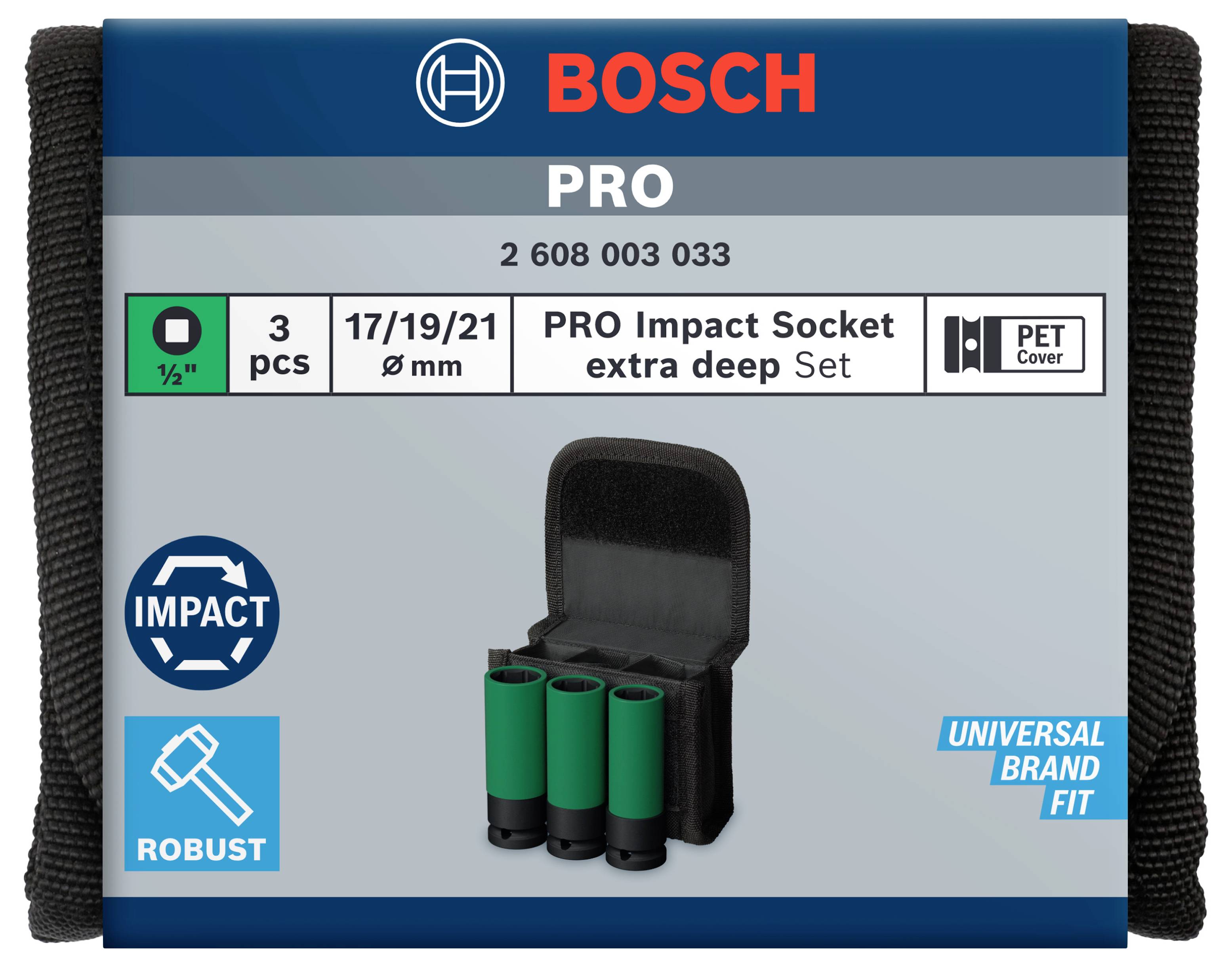 Bosch PRO Impact Socket-Set mit drei extra tiefen Aufsätzen (17/19/21 mm). Geeignet für universelle Markenanpassung.