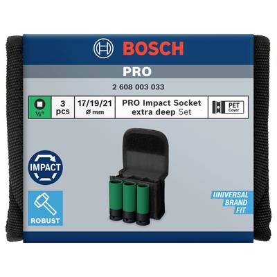 Bosch PRO Impact Socket-Set mit drei extra tiefen Aufsätzen (17/19/21 mm). Geeignet für universelle Markenanpassung.