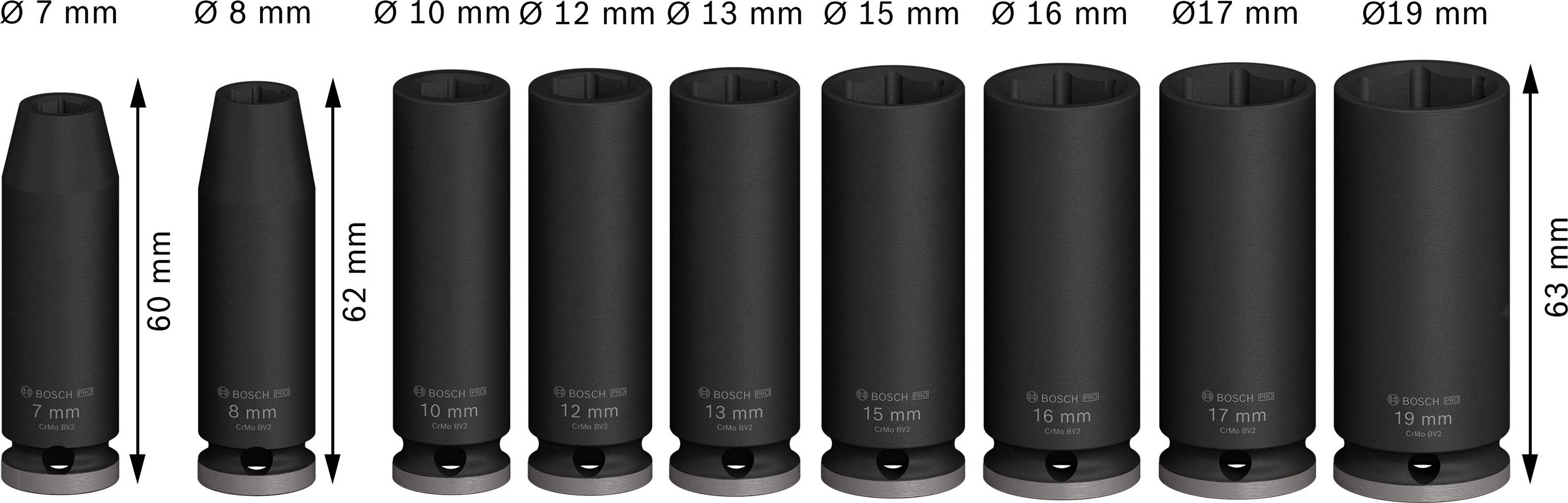 'Verschiedene Stecknüsse von Ø 7 mm bis Ø 19 mm, Höhe 60-63 mm. Größenangaben über jeder Nuss, von klein nach groß sortiert.'