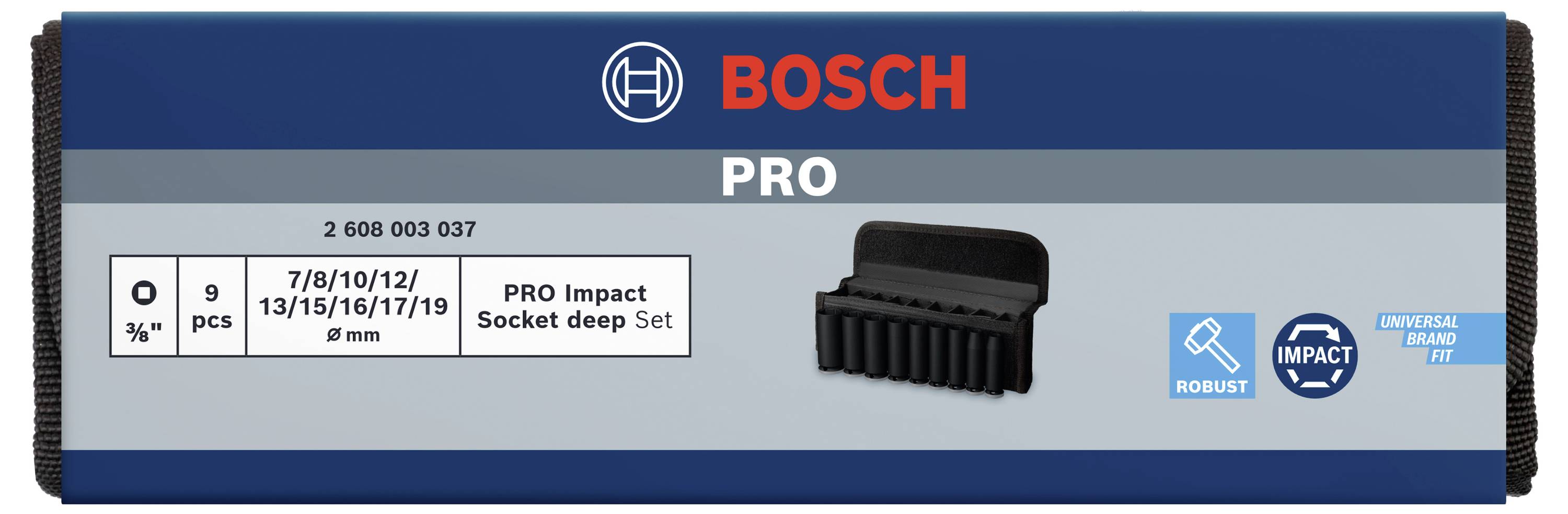 Bosch PRO Impact Socket-Set, Größen 7 bis 19 mm, robuster Universal-Schlagkopf, 9-teilig, für professionelle Anwendungen.