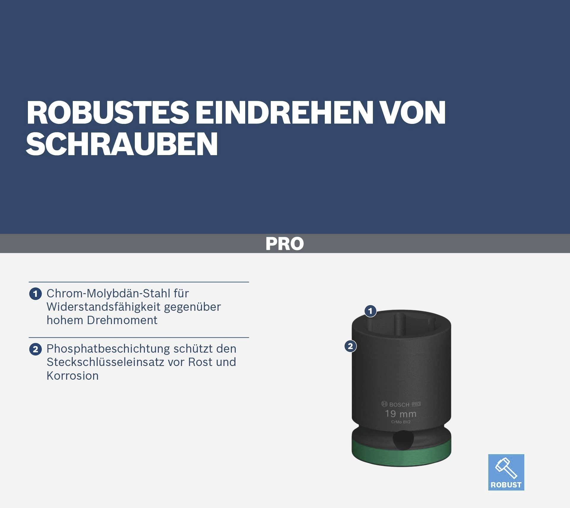 Robustes Schraubenwerkzeug aus Chrom-Molybdän-Stahl und Phosphatbeschichtung für hohe Drehmomente und Korrosionsschutz.