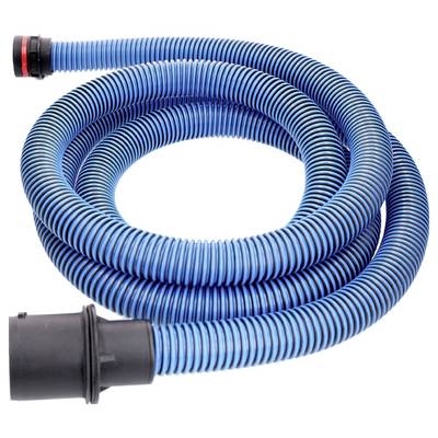 Ein langer blauer Saugschlauch mit schwarzen Anschlüssen an beiden Enden, vermutlich für Staubsauger oder Poolreinigung.
