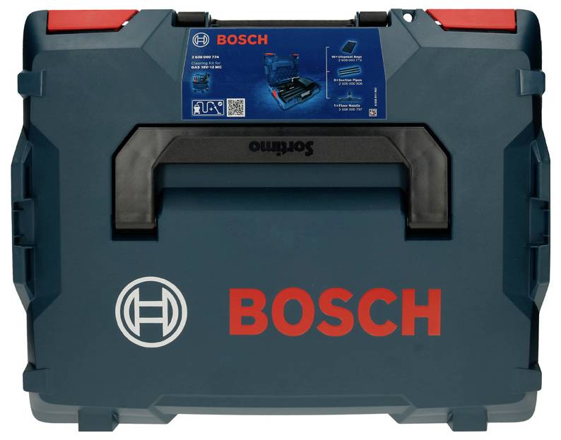 Ein blauer Bosch-Werkzeugkoffer mit rotem Bosch-Logo. Der Koffer hat einen schwarzen Griff. Ein Etikett zeigt Produktinformationen.