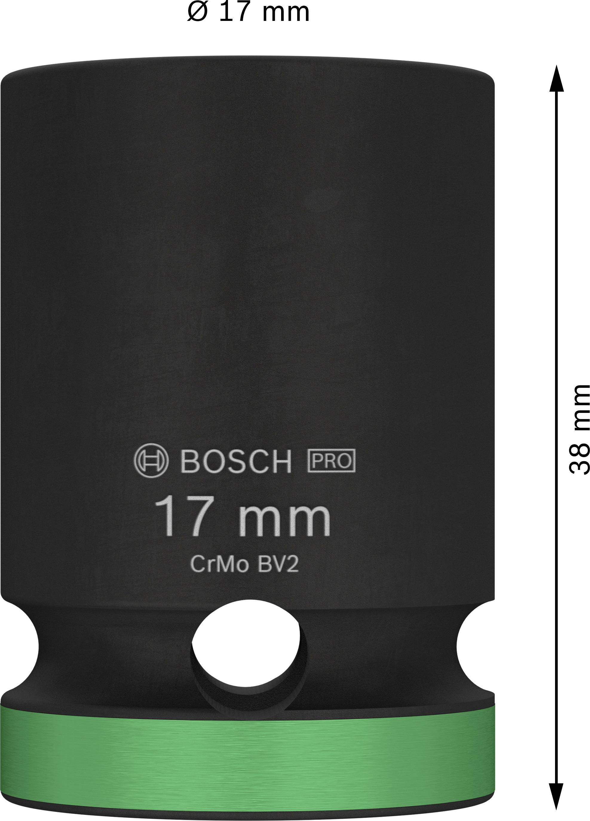 Schwarze Stecknuss 17 mm von Bosch, Höhe 38 mm, aus CrMo BV2-Stahl, mit grünem Ring.
