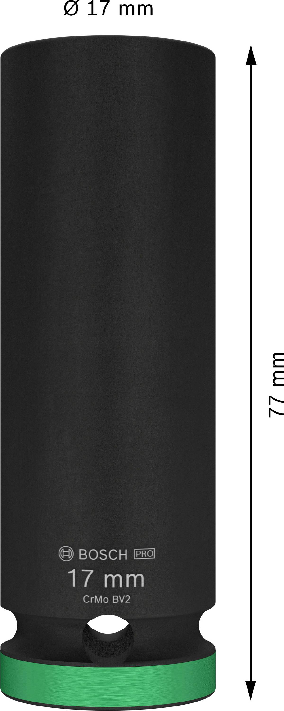 Schwarz grüner Steckschlüssel von Bosch Pro, Durchmesser 17 mm, Höhe 77 mm, gekennzeichnet mit 'CrMo BV2'.
